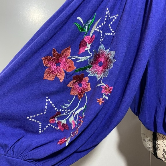 NWT Free People Cobalt Blue Lita Floral Embroidered Balloon Sleeve Cropped Top S - Picture 4 of 7